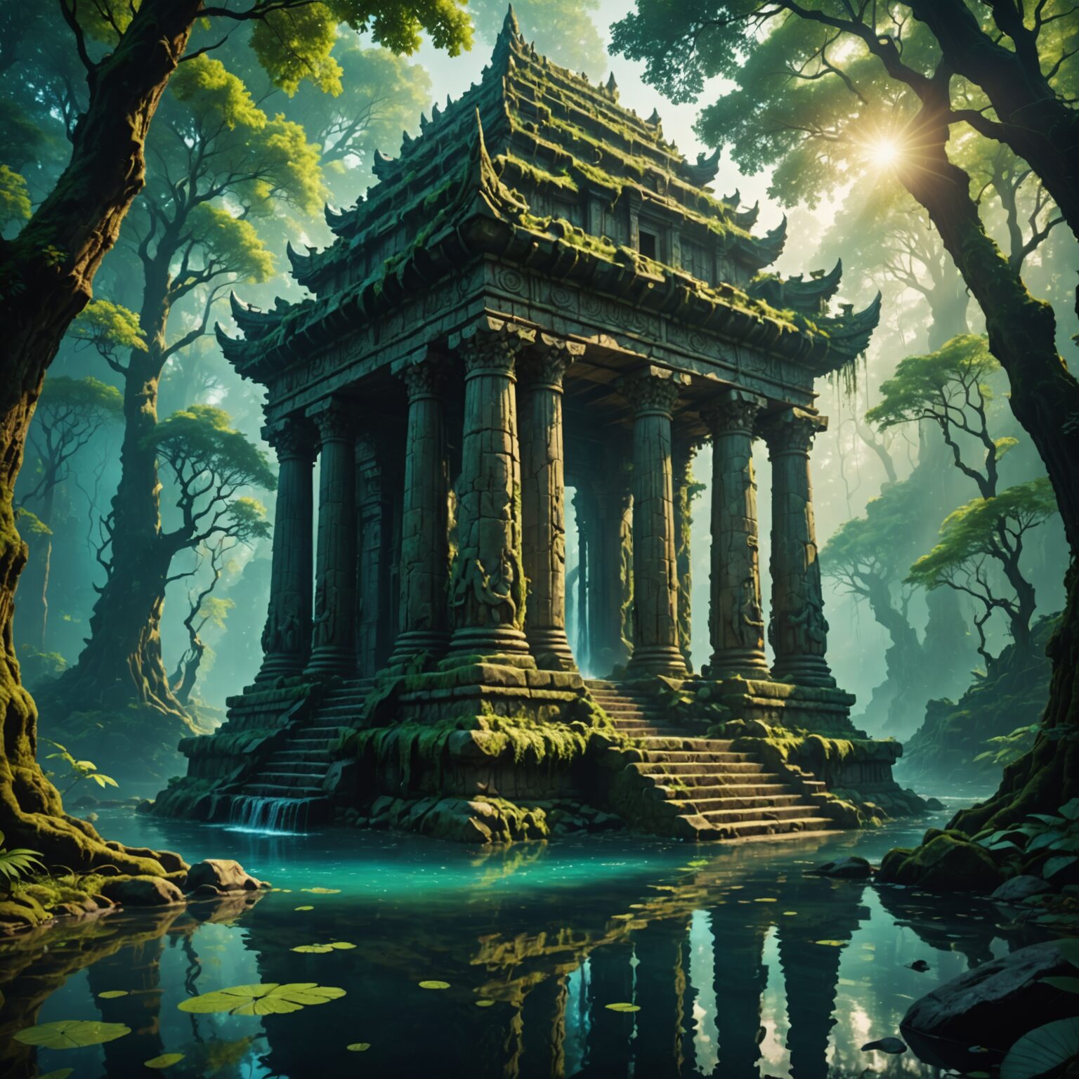 The Enigmatic Water Temple of the Ancient Forest fantasy art