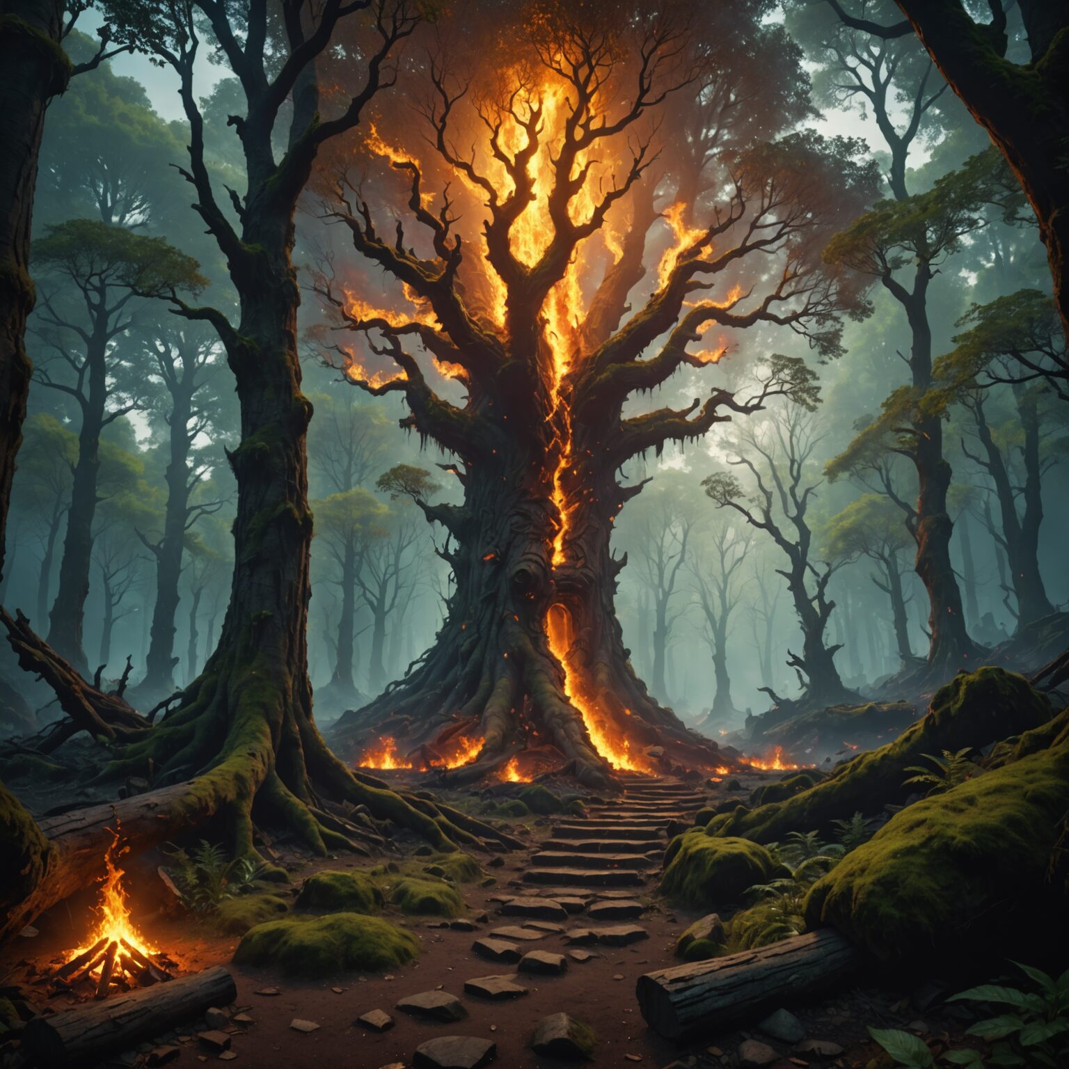 The Fiery Majesty of the Mystic Kingdom in the Ancient Forest fantasy art