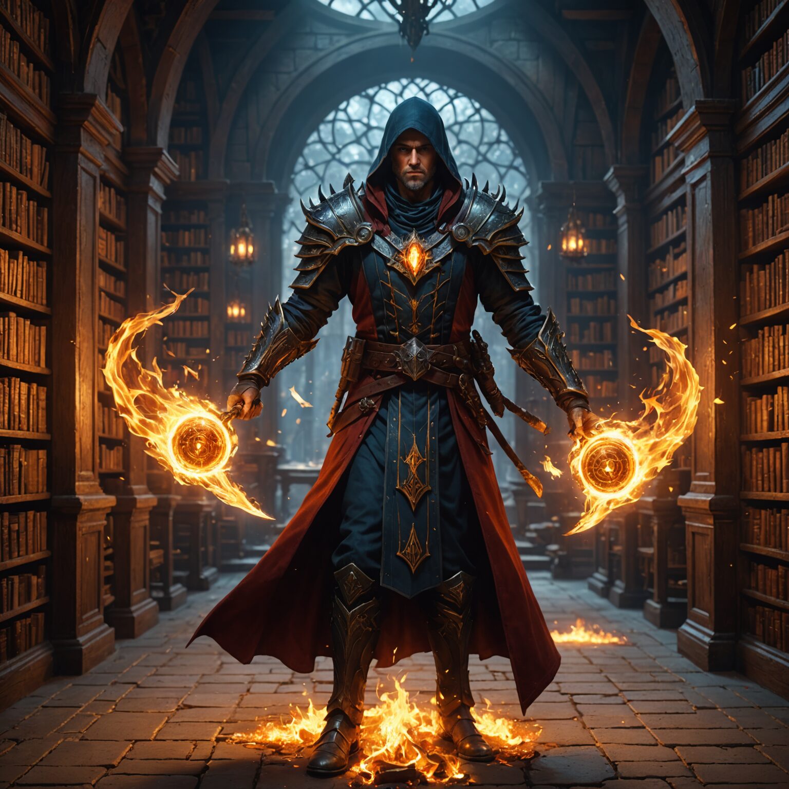 The Fiery Might of the Spellblade Archmage in the Arcane Library The Fiery Might of the Spellblade Archmage in the Arcane Library fantasy art