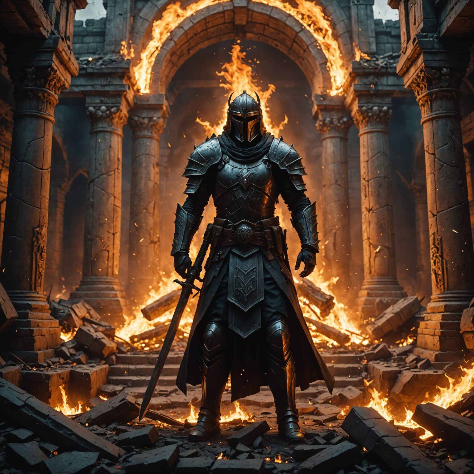 The Fiery Protector: A Warlord’s Vigil in the Ruined Temple fantasy art