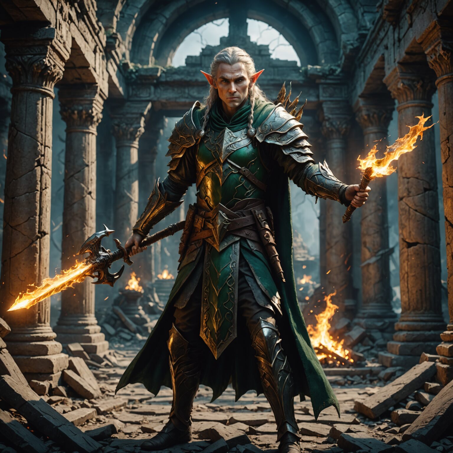 The Fiery Sentinel: An Ancient Elf Guardian in a Ruined Temple fantasy art