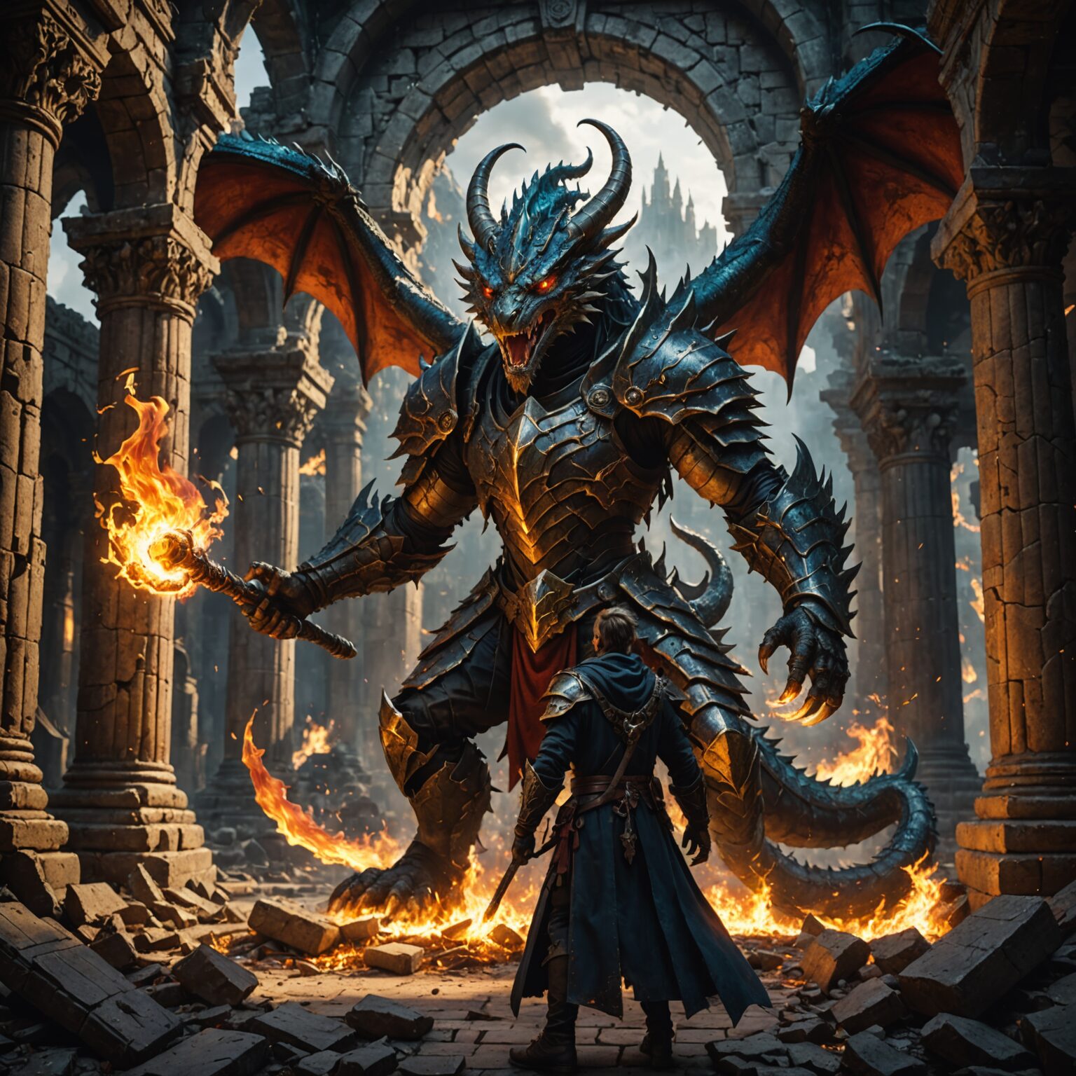 The Fiery Wyrm Scholar: Master of Flames in the Ruined Temple fantasy art