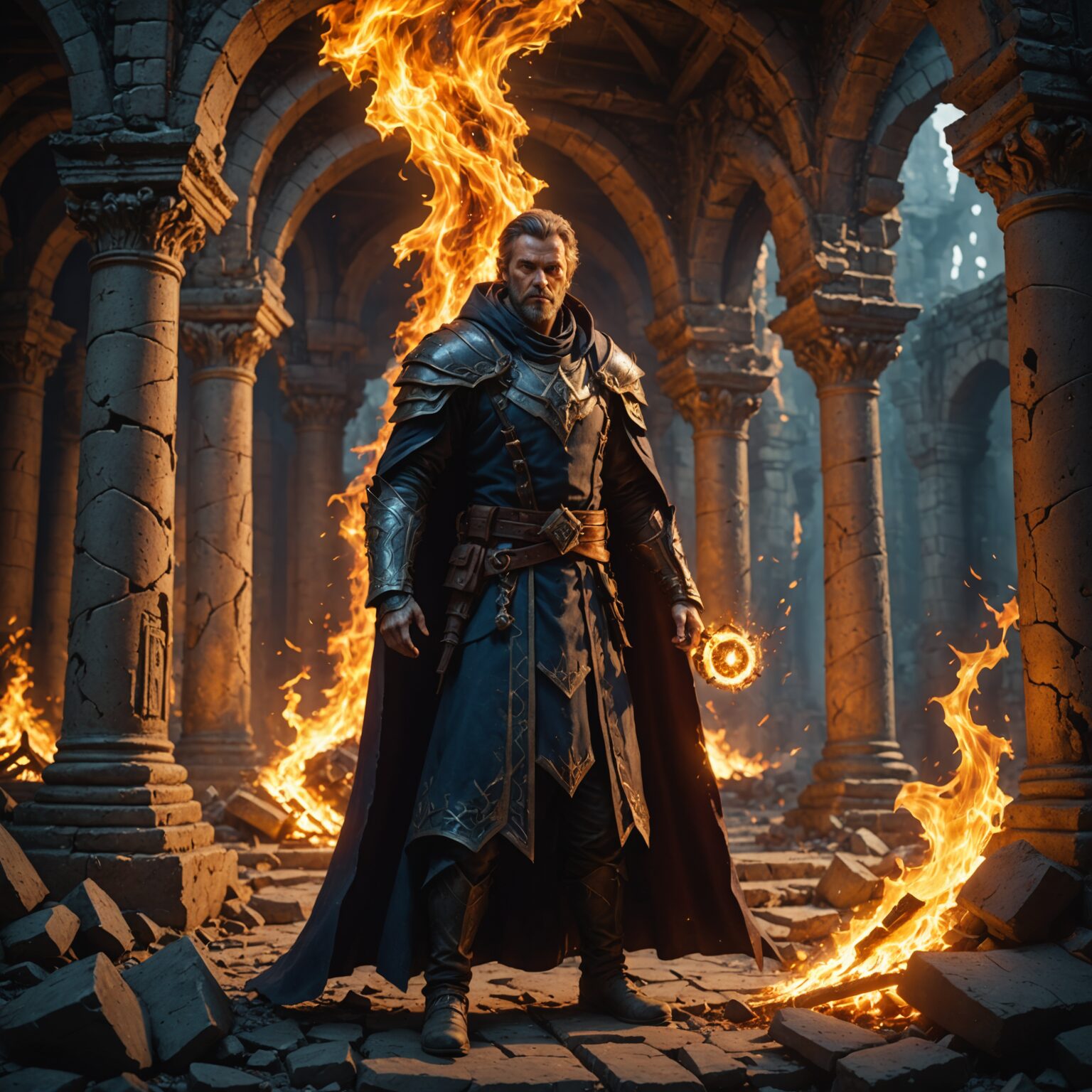 The Fire Archmage: A Cinematic Journey Through Ruined Temples fantasy art