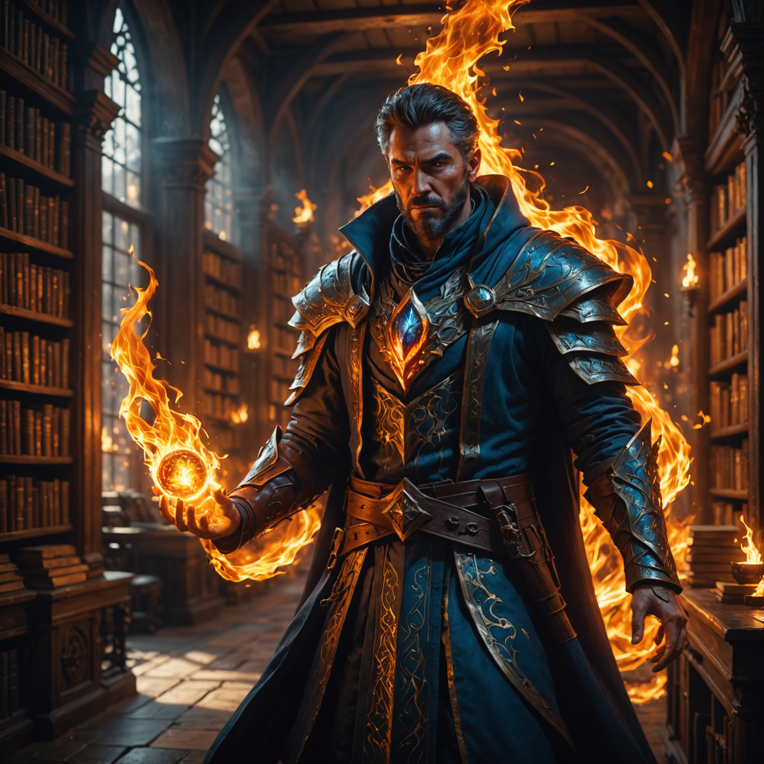 The Fire Mage of the Arcane Library: A Cinematic Fantasy Portrait fantasy art