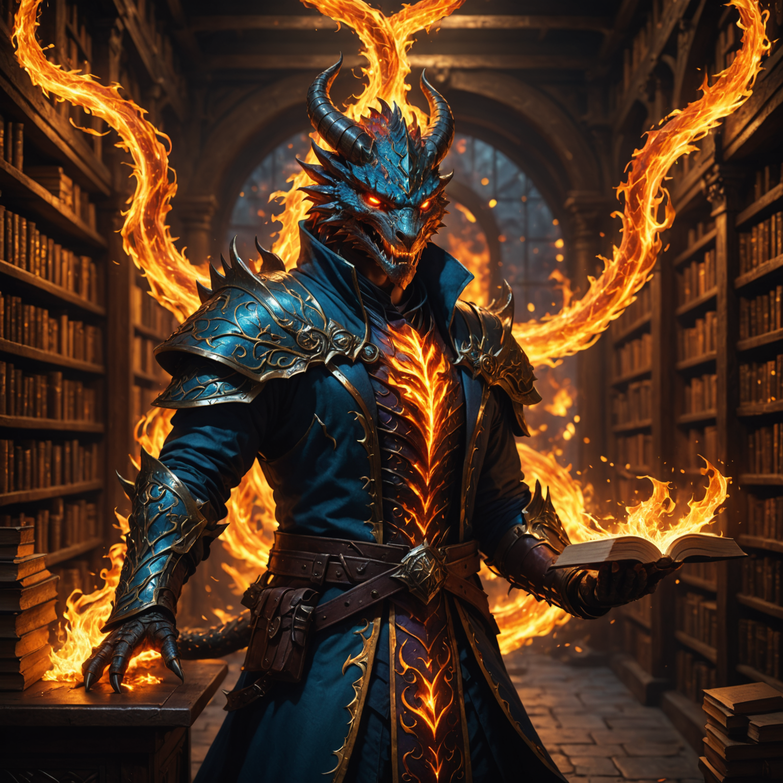 The Fire Wyrm Mage: Guardian of the Arcane Library fantasy art