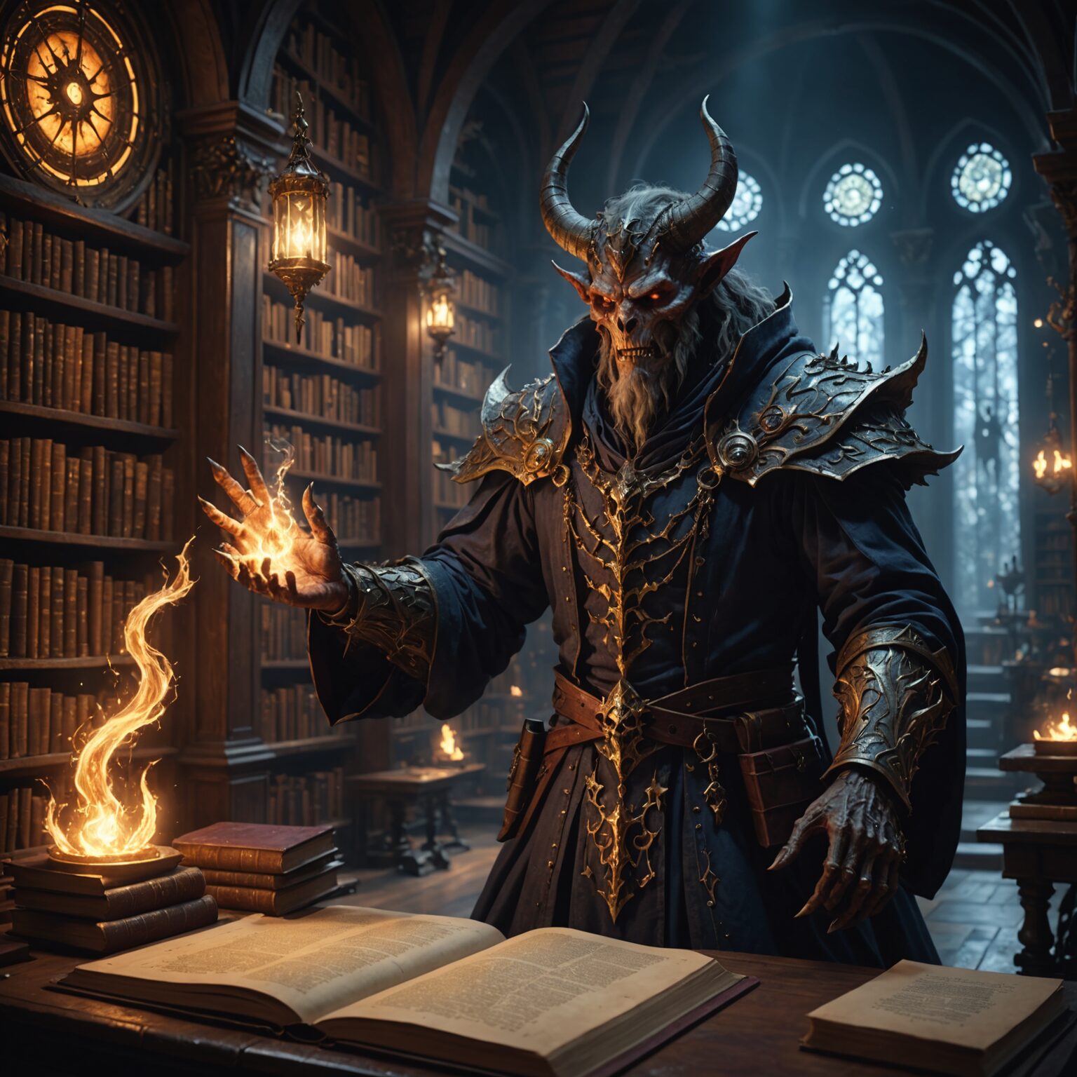 The Forgotten Celestial Demon Scholar of the Arcane Library fantasy art