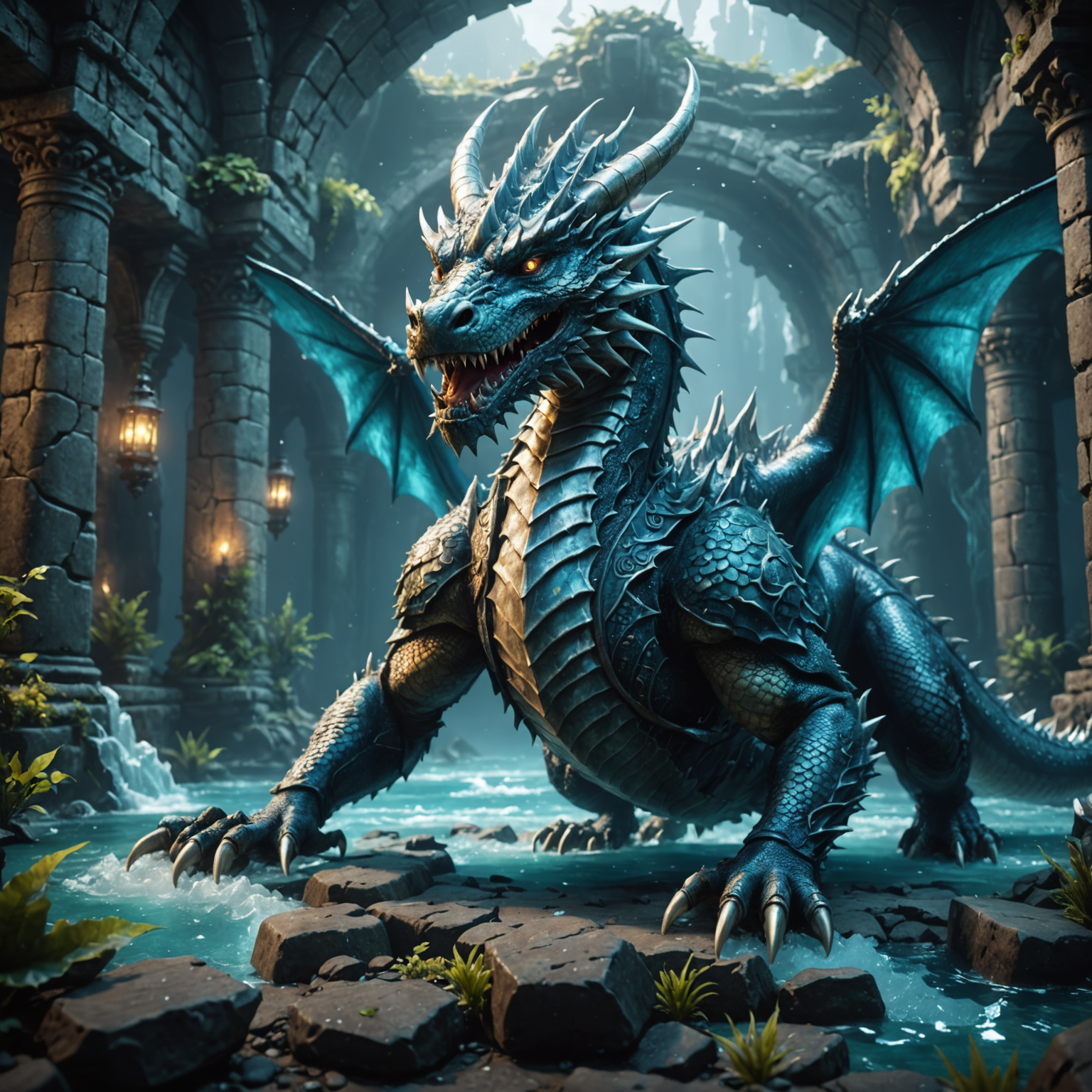 The Frostbound Champion: Dragon of the Underwater Ruins fantasy art