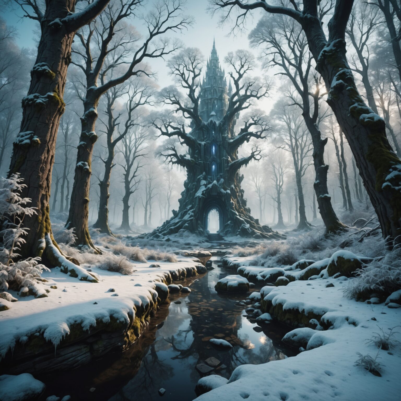 The Frostbound Realm: A Mystic Journey Through an Ancient Forest fantasy art