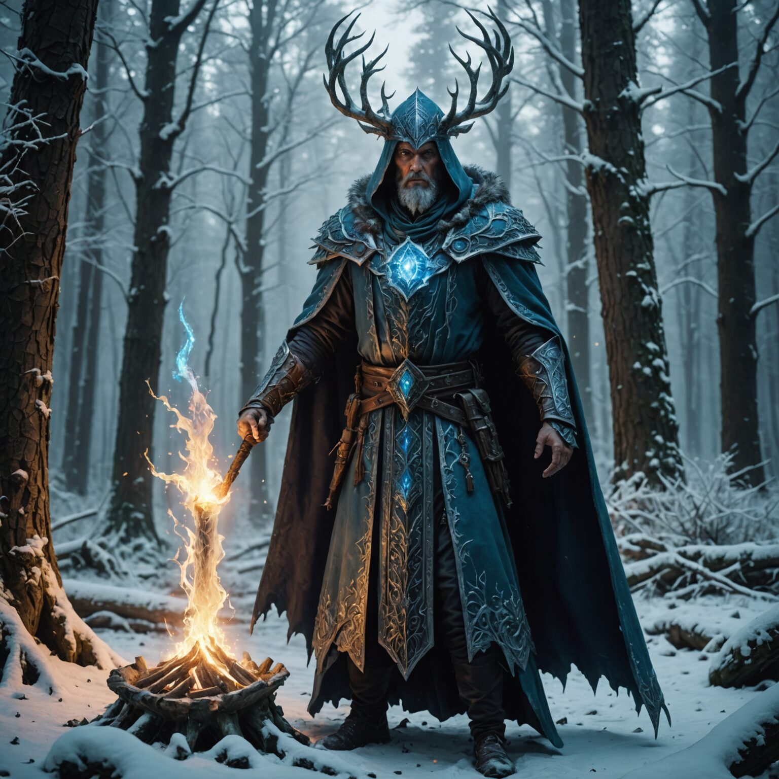 The Frostbound Ritual Master: Sorcery in the Heart of the Ancient Forest fantasy art