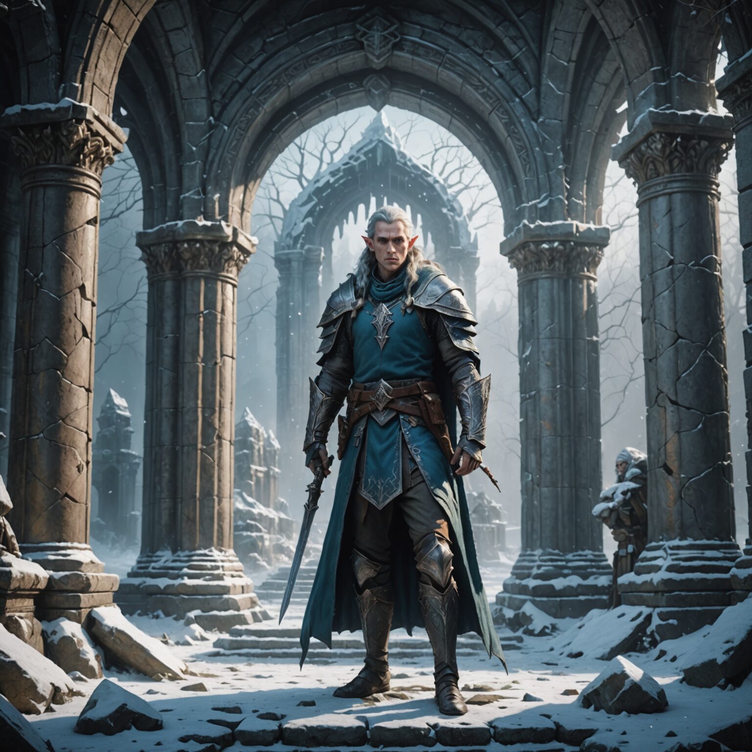 The Frostbound Scholar: A High Elf Amidst Ruins fantasy art