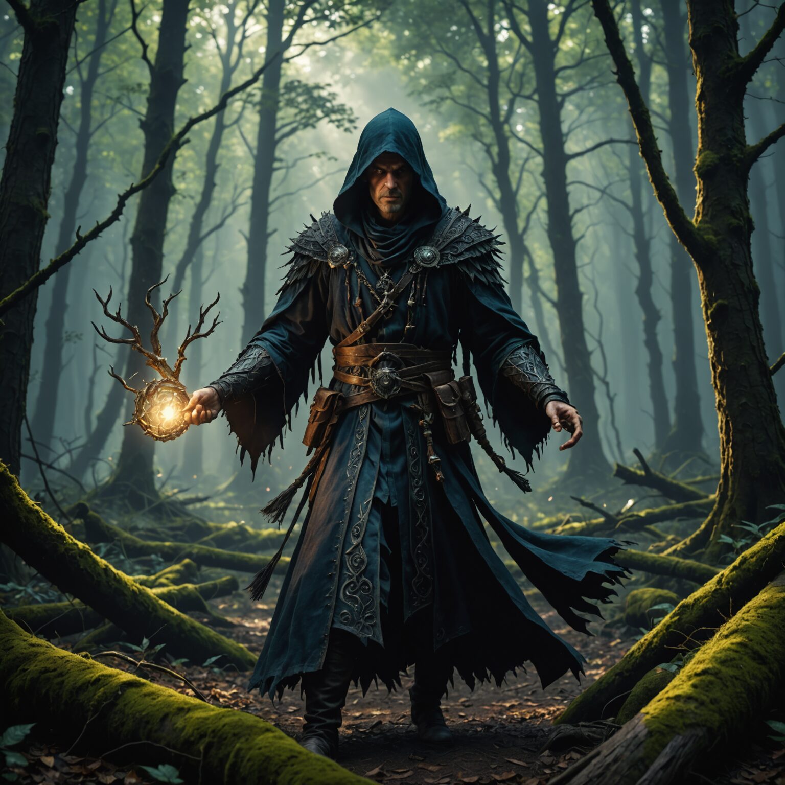 The Shadow Weaver: A Sorcerer's Dance in the Ancient Forest fantasy art