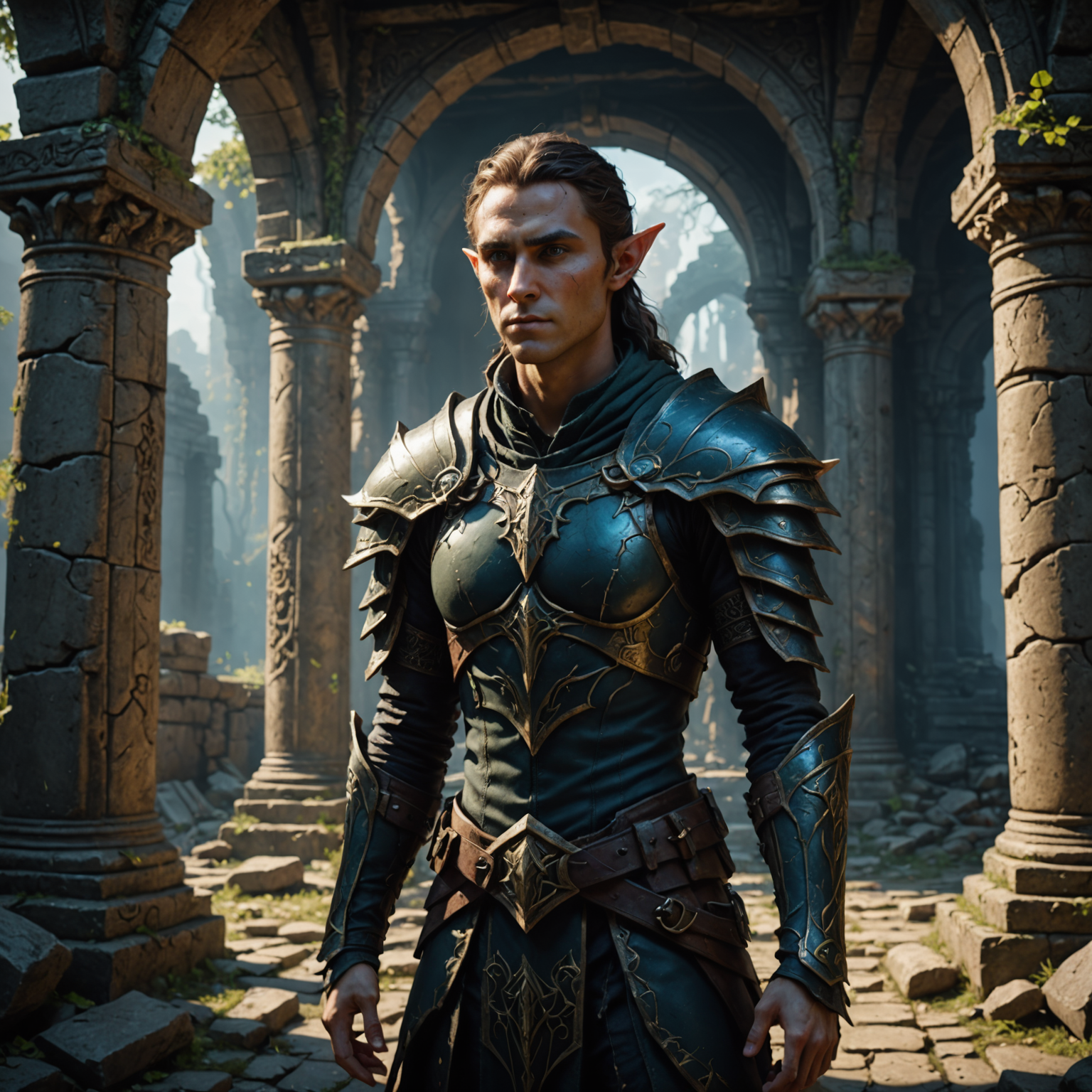 The Shadowborne Protector: Elven Guardian of the Ruined Temple fantasy art