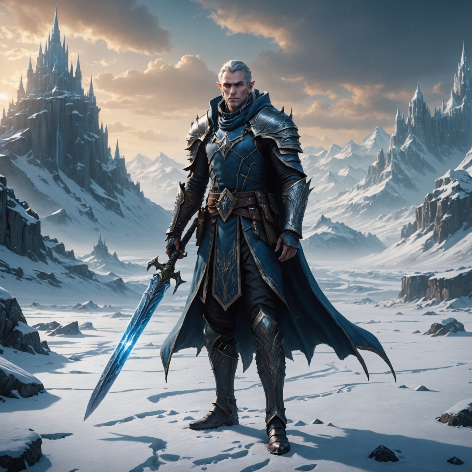 The Shadowed Wisdom: A High Elf Scholar in the Frozen Wasteland fantasy art