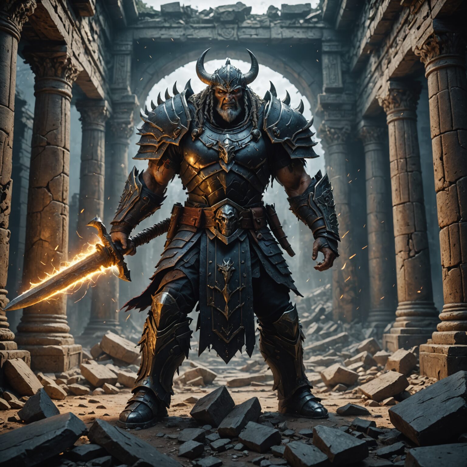 The Storm-Branded Warlord: A Cinematic Vision of a Demon Brute in a Ruined Temple The Storm-Branded Warlord: A Cinematic Vision of a Demon Brute in a Ruined Temple fantasy art