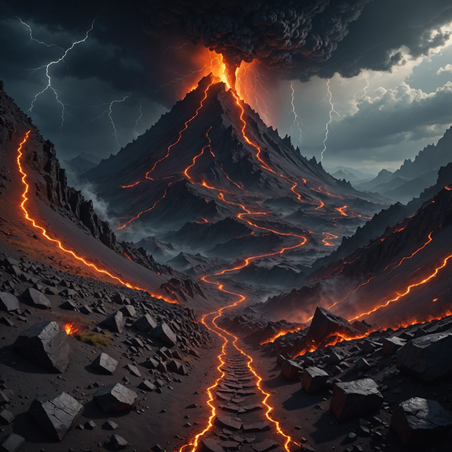 The Storm-Empowered Mystic Pathway Through Volcanic Mountains fantasy art
