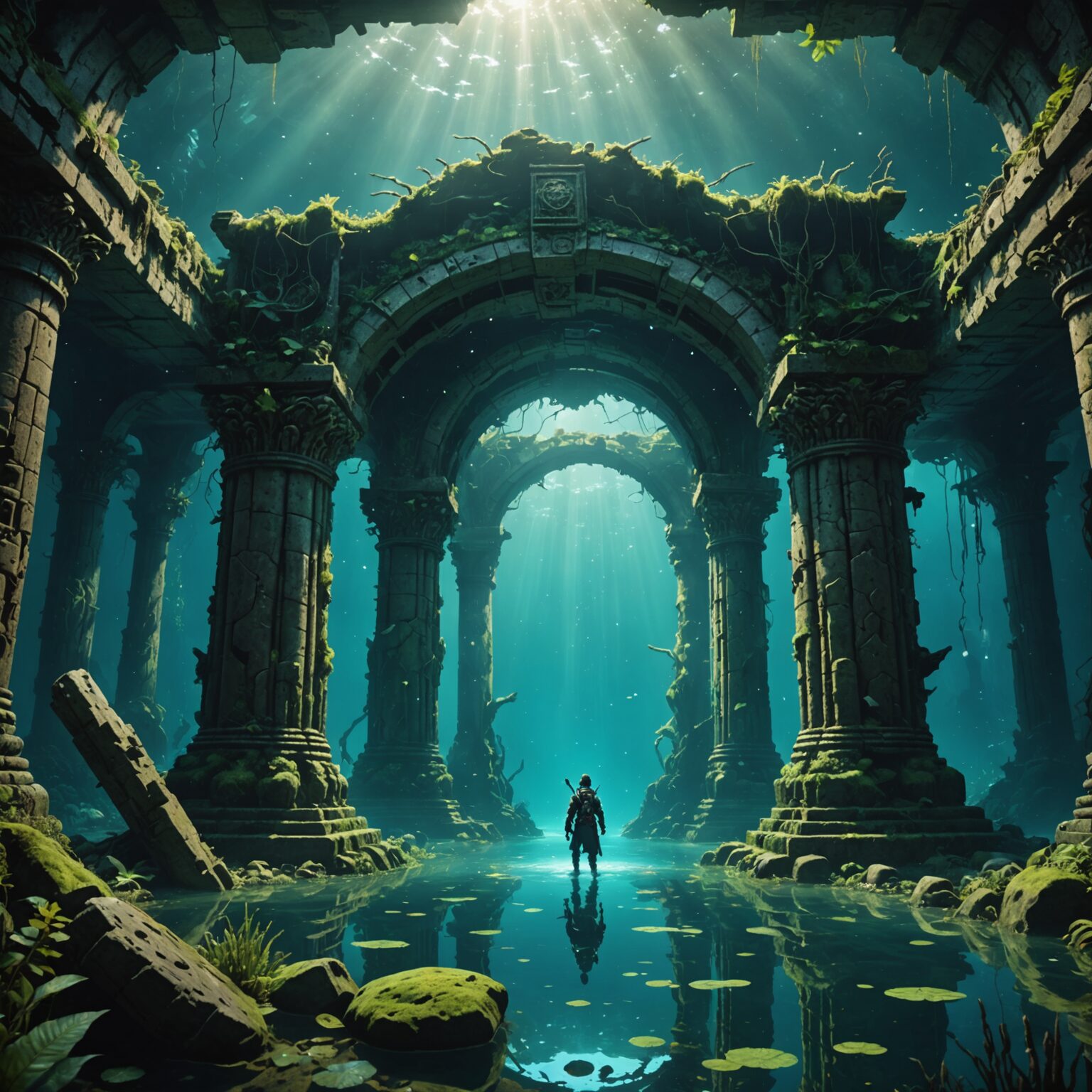 The Sunken Forest: A Cinematic Journey Through Celestial Underwater Ruins fantasy art
