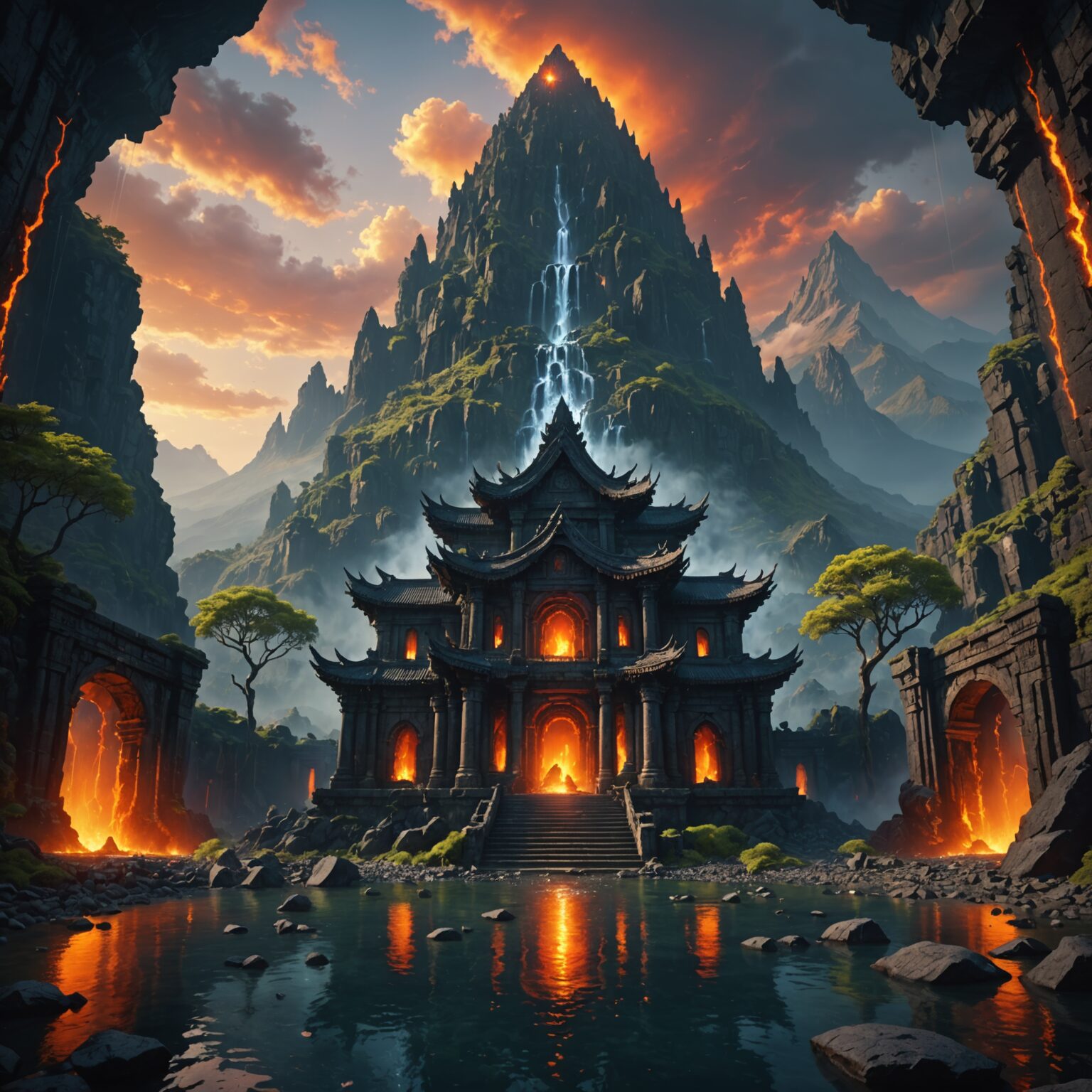 The Water-Infused Mystic Temple Amidst Volcanic Peaks fantasy art