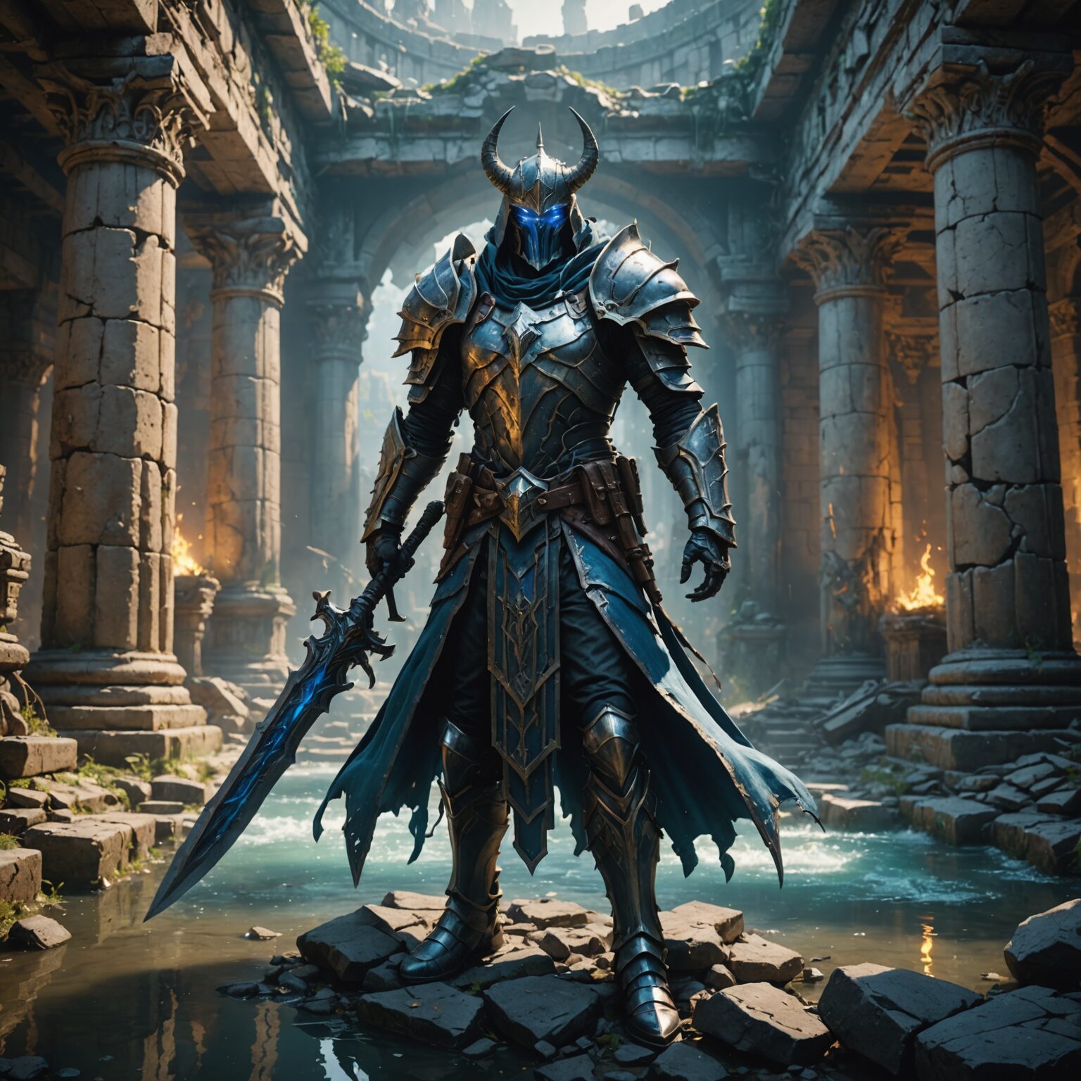 The Water Overlord Hunter: A Majestic Guardian of the Ruined Temple fantasy art