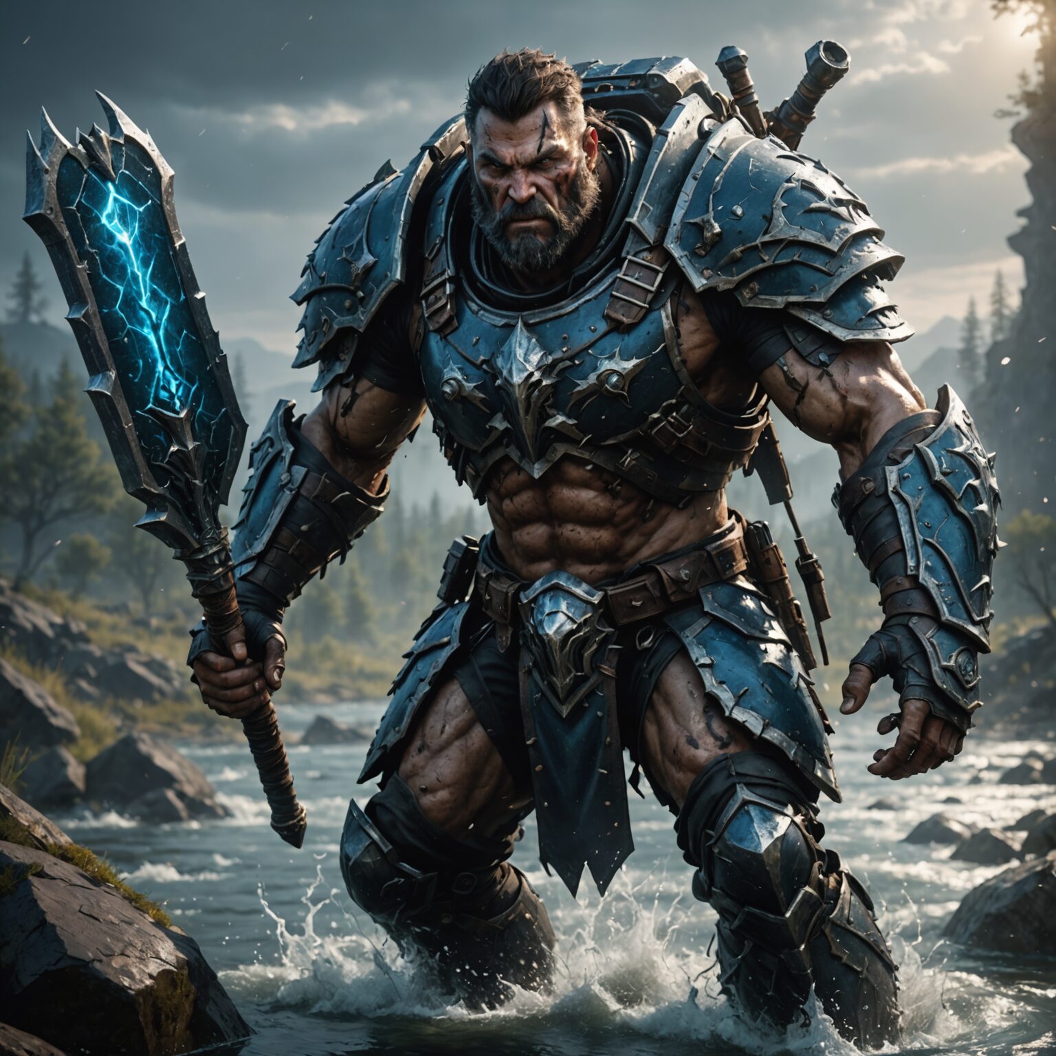 The Waterborne Brute: A Demon Hunter's Cinematic Battle fantasy art
