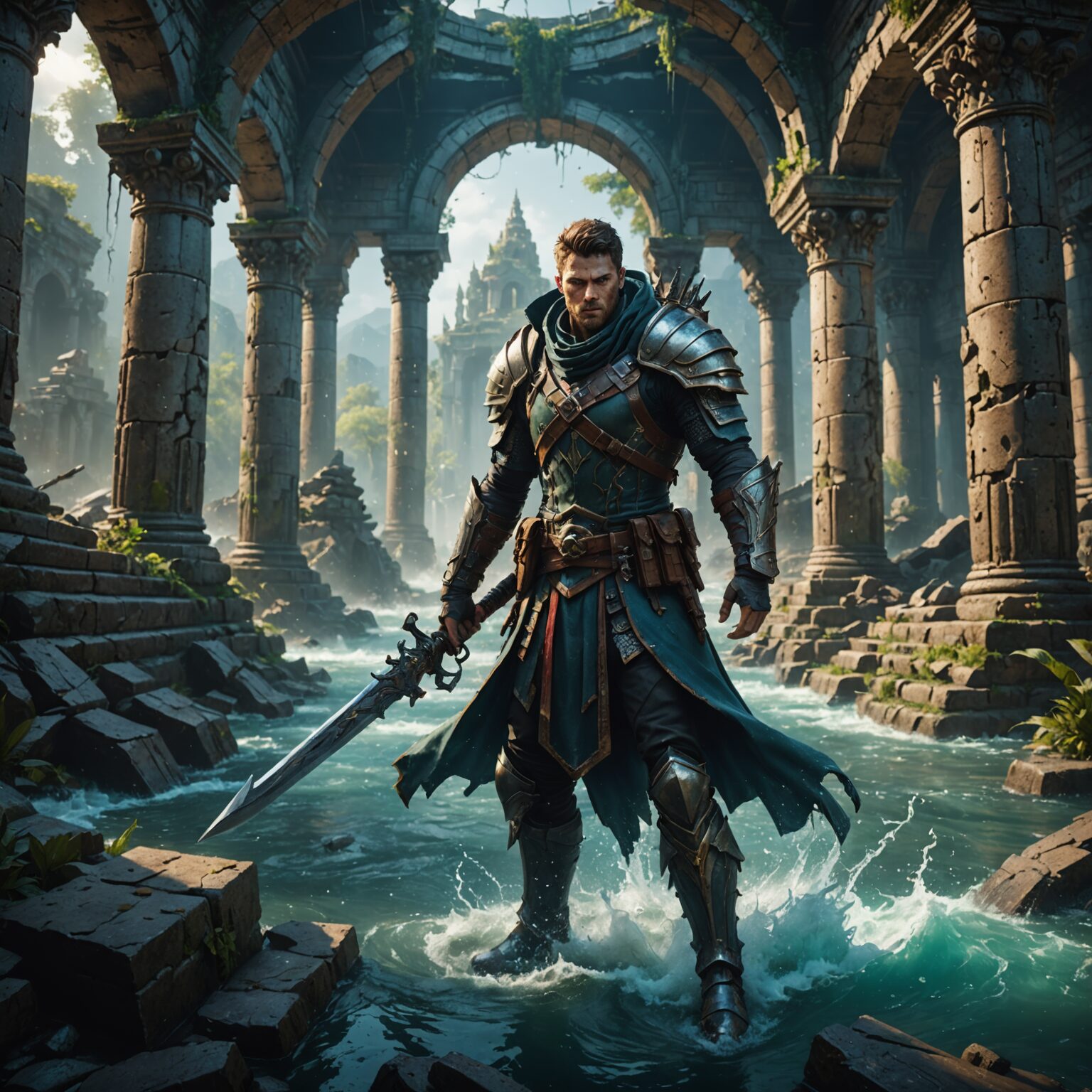 The Waterborne Champion: A Master Hunter in the Ruined Temple fantasy art