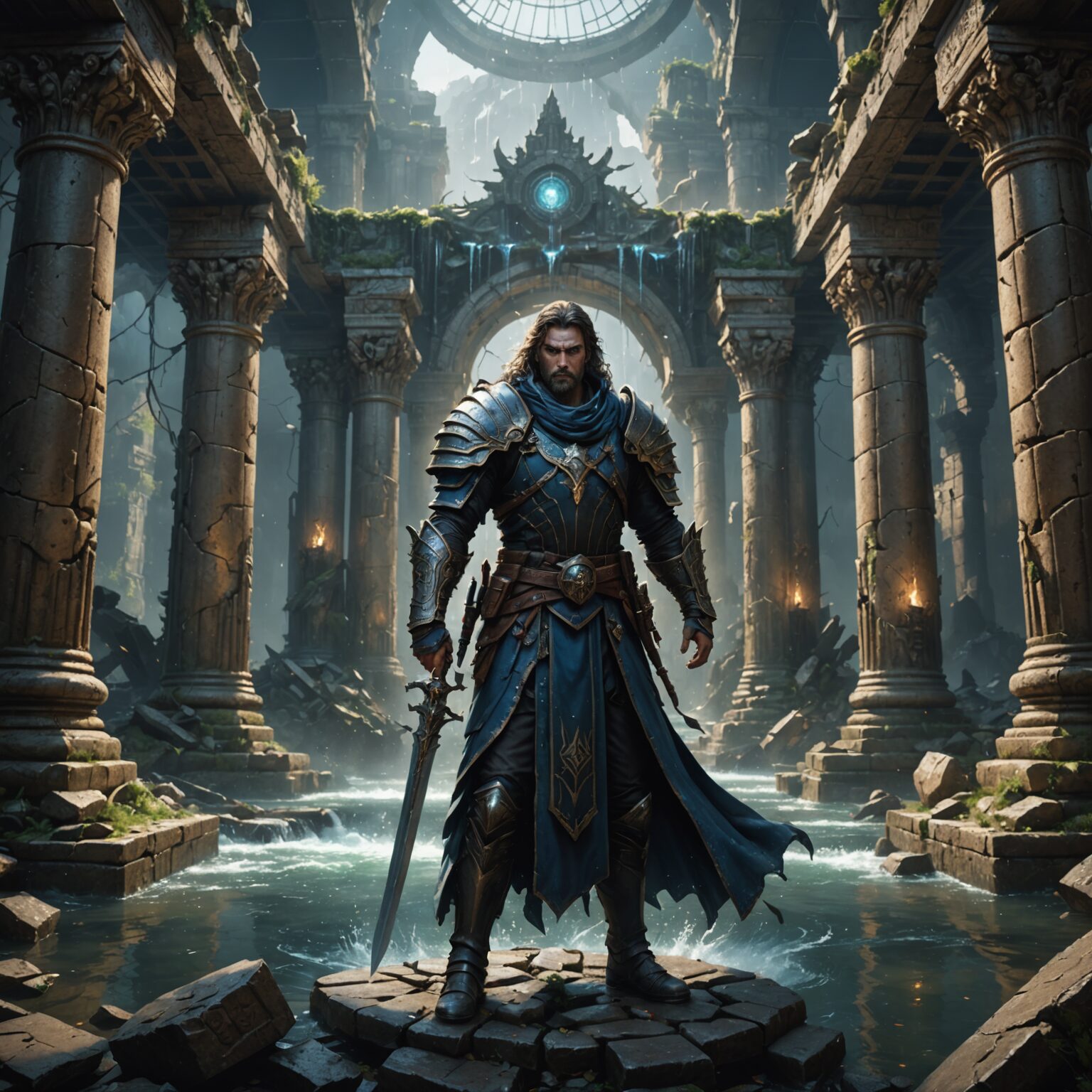 The Waterbound Scholar: A Spellblade's Mastery in a Ruined Temple fantasy art