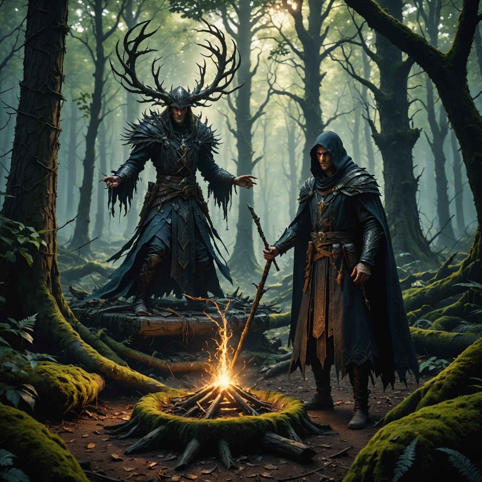 The Weaver Sorcerer: Master of Shadows in the Ancient Forest fantasy art