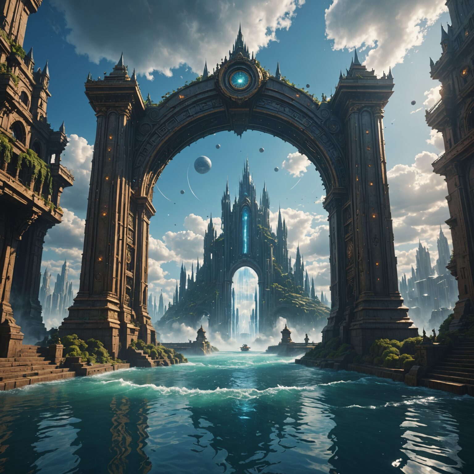The Weaver's Portal: A Waterborne Gateway in the Floating Sky City The Weaver's Portal: A Waterborne Gateway in the Floating Sky City fantasy art