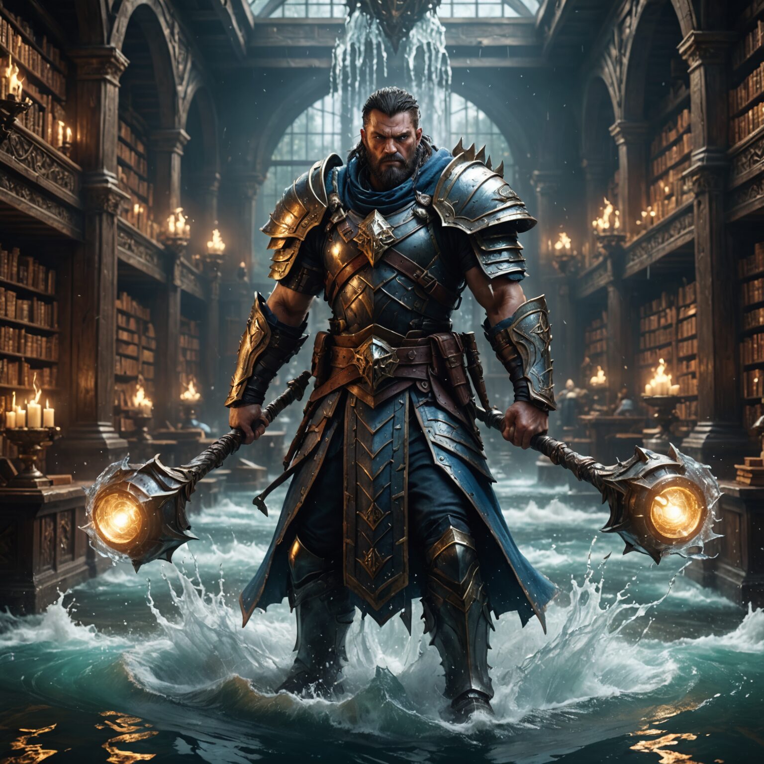 Tidebreaker: The Water-Wielding Warlord of the Arcane Library fantasy art