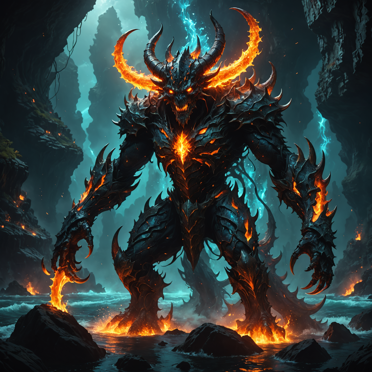 Tyronox, the Radiant Flame Tyrant of the Ocean Depths fantasy art